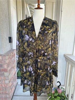 Zara Dark Brown and Green Print Sheer Tie Detail Dress
